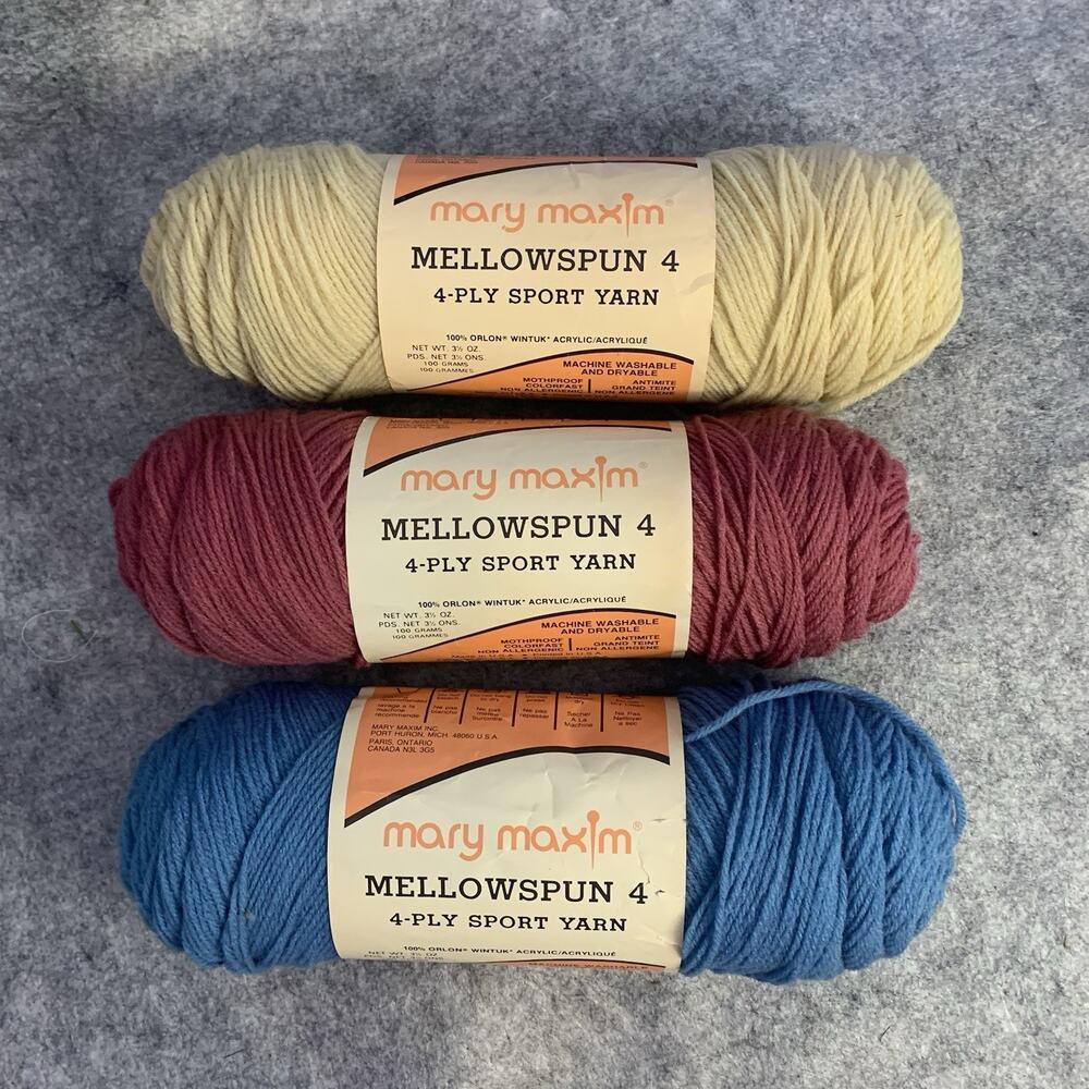 Vintage Mary Maxim Mellowspun 4-Ply Sport Yarn Orlon Acrylic, Pink Blue White